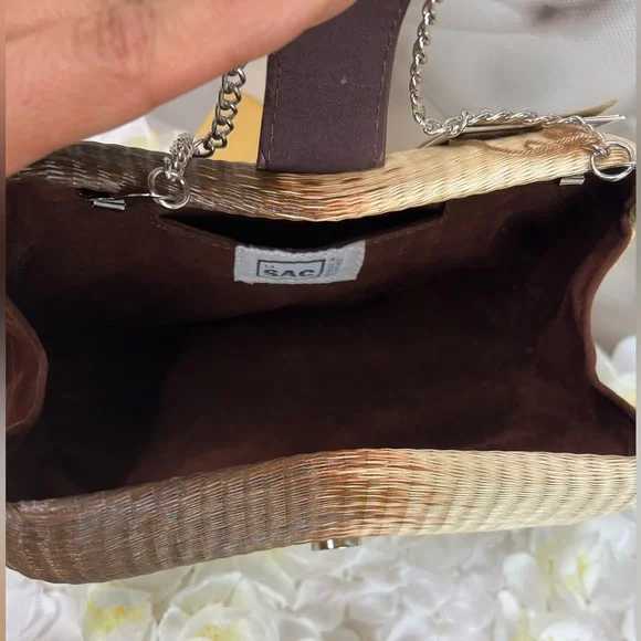 Vintage Le Sac Straw Round Hard Case Purse With Chain Handle NEW - Picture 9 of 9